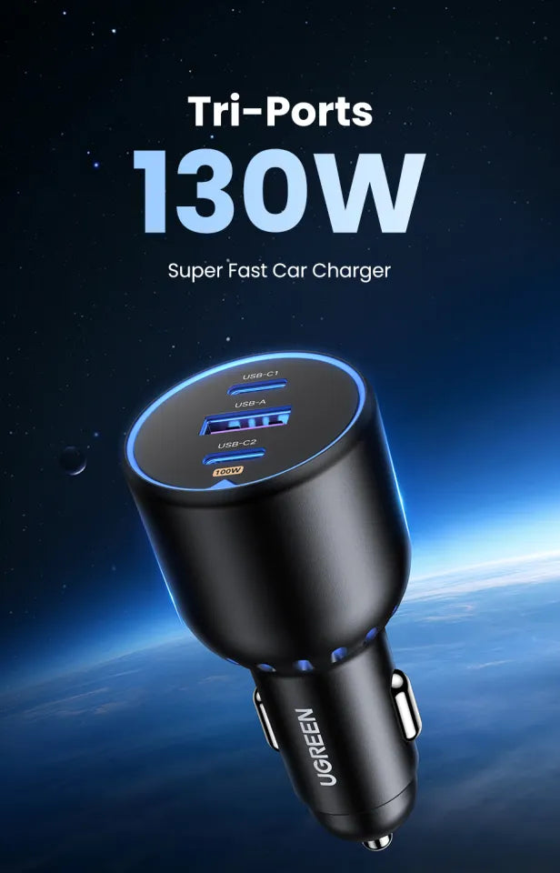 UGREEN 130W 3-Port (2 X USB-C / 1 X USB) Fast Car Charger – Model EC705 – Compact In-Car Fast Charging Power Adapter for Smartphones, Tablets and USB Devices