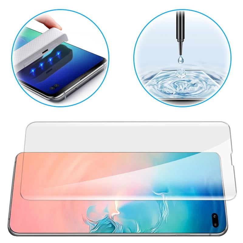 Pack of UV Glue Full Screen Protector Tempered Glass + Carbon Back Sticker and Camera Lens Protection for Samsung S10