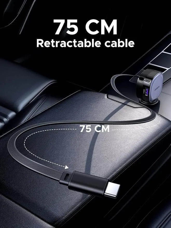 UGREEN Retractable Cable with USB-C + USB 75W Car Charger – Model EC601 – Compact In-Car Fast Charging Power Adapter for Smartphones, Tablets and USB Devices