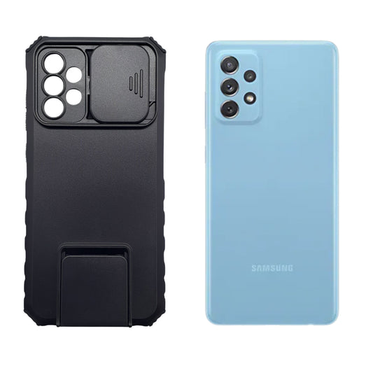 Samsung A72 Shockproof Phone Case with Camera Slide Cover, Integrated Kickstand, and Ring Holder for Ultimate Protection and Hands-Free Viewing