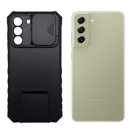Samsung S21 FE Heavy Duty Shockproof Phone Case with Slide Camera Lens Protector Cover and Built-in Kickstand Ring Holder Black