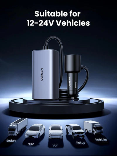 UGREEN 150W GaN 3xType-C and 1xUSB Port Car Charger with 1m Cable Length – Model EC706 – Compact In-Car Fast Charging Power Adapter for Smartphones, Tablets and USB Devices