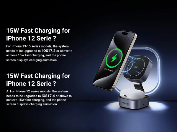 UGREEN 2-in-1 Qi2 Magnetic Wireless Charger 15W - iPhone – Model W702 – Fast Magnetic Charging Pad or Station for Compatible iPhone, AirPods and Qi-Enabled Devices