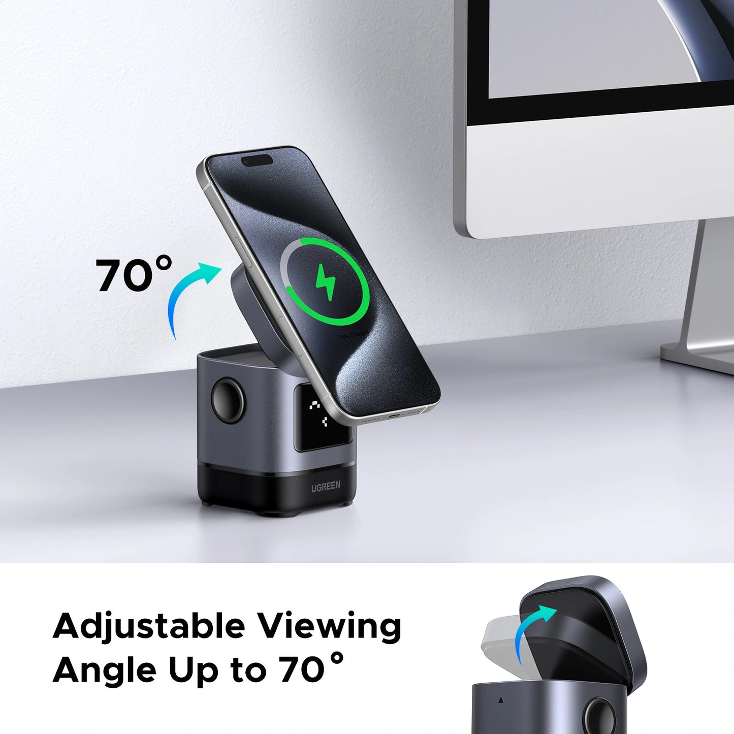 UGREEN 2-in-1 UNO Series Qi2 Magnetic Station Wireless Charger – Model W709 – Fast Magnetic Charging Pad or Station for Compatible iPhone, AirPods and Qi-Enabled Devices