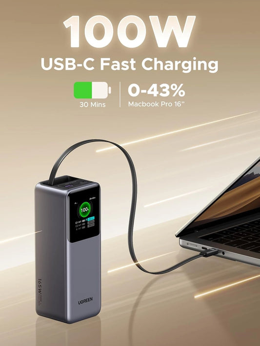 UGREEN Nexode 20000mAh 165W Smart Display Power Bank with Retractable Cable (CCC Version) – Model PB726 – Portable Fast Charging Battery Pack for Smartphones, Tablets, Laptops and USB-Powered Devices
