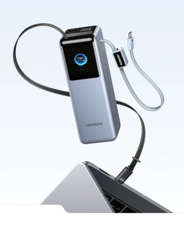 UGREEN 25000mAh 200W Smart Display Power Bank with Build-in Cable and Build-in Retractable Cable – Model PB728 – Portable Fast Charging Battery Pack for Smartphones, Tablets, Laptops and USB-Powered Devices