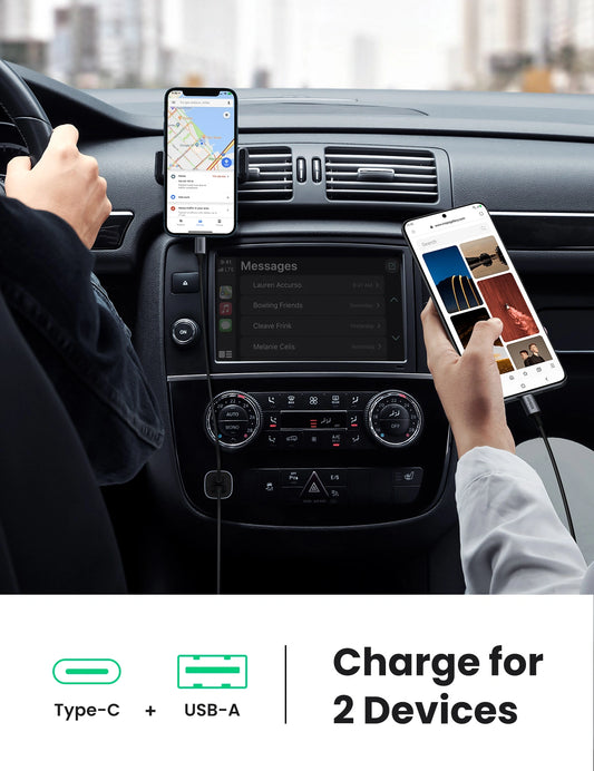 UGREEN 24W USB + USB-C Car Charger (Space Gray) – Model CD130 – Compact In-Car Fast Charging Power Adapter for Smartphones, Tablets and USB Devices