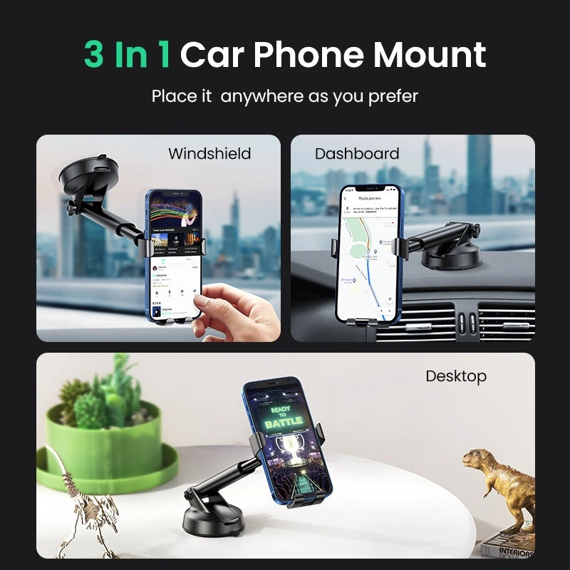 UGREEN Gravity Phone Holder with Suction Cup (Black) – Model LP200 – Adjustable Hands-Free Stand or Mount for Phone, Tablet, Laptop, Desk, Car, Home and Office Use
