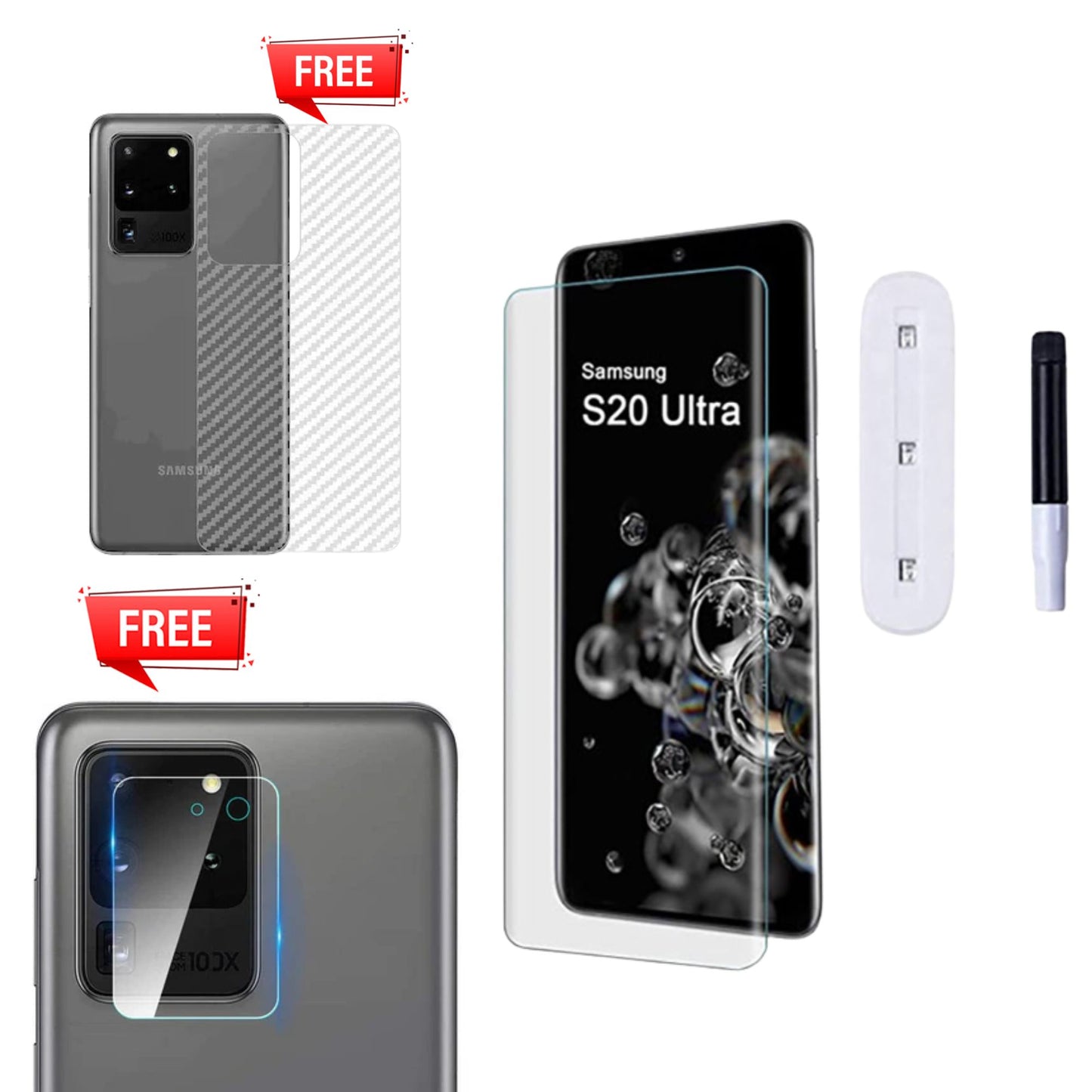 Pack of UV Glue Full Screen Protector Tempered Glass + Carbon Back Sticker and Camera Lens Protection for Samsung S20 Ultra
