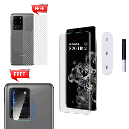 Pack of UV Glue Full Screen Protector Tempered Glass + Carbon Back Sticker and Camera Lens Protection for Samsung S20 Ultra