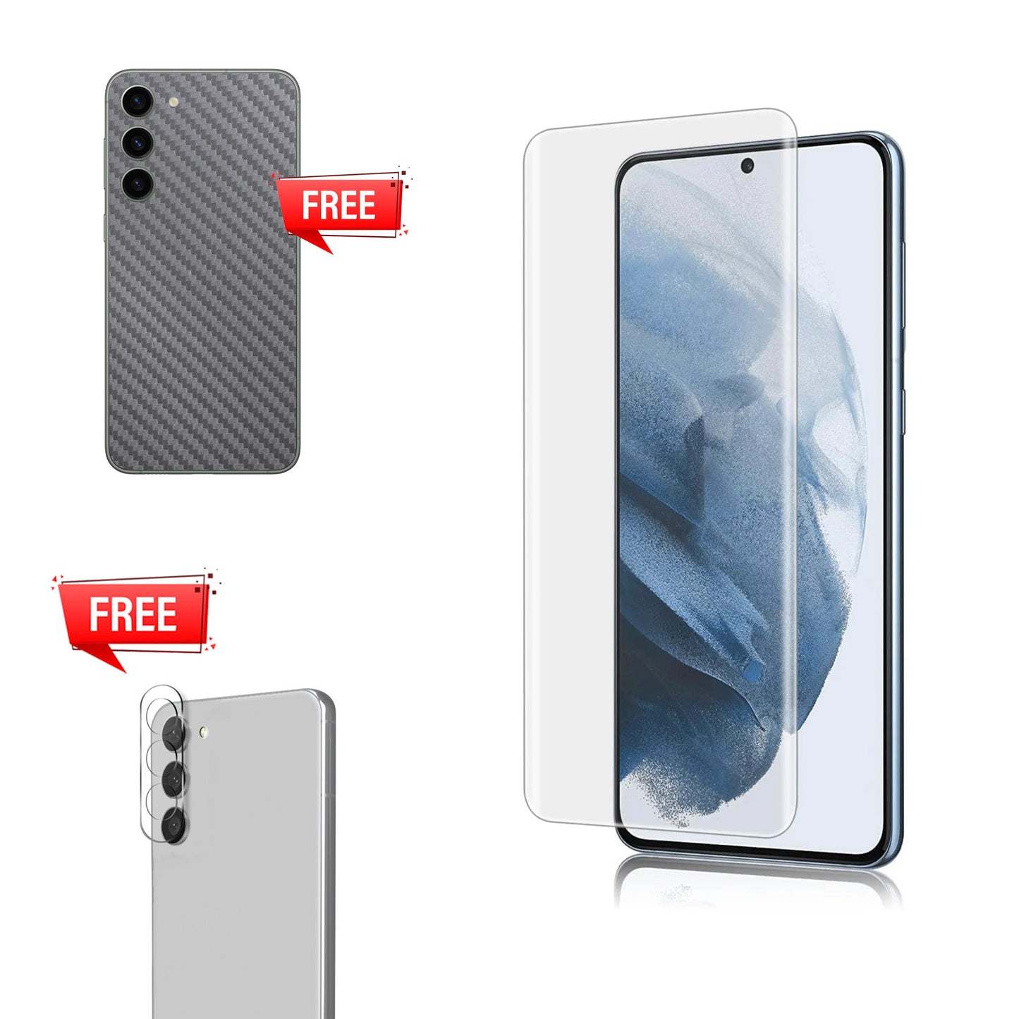 Pack of UV Glue Full Screen Protector Tempered Glass + Carbon Back Sticker and Camera Lens Protection for Samsung S23 Plus