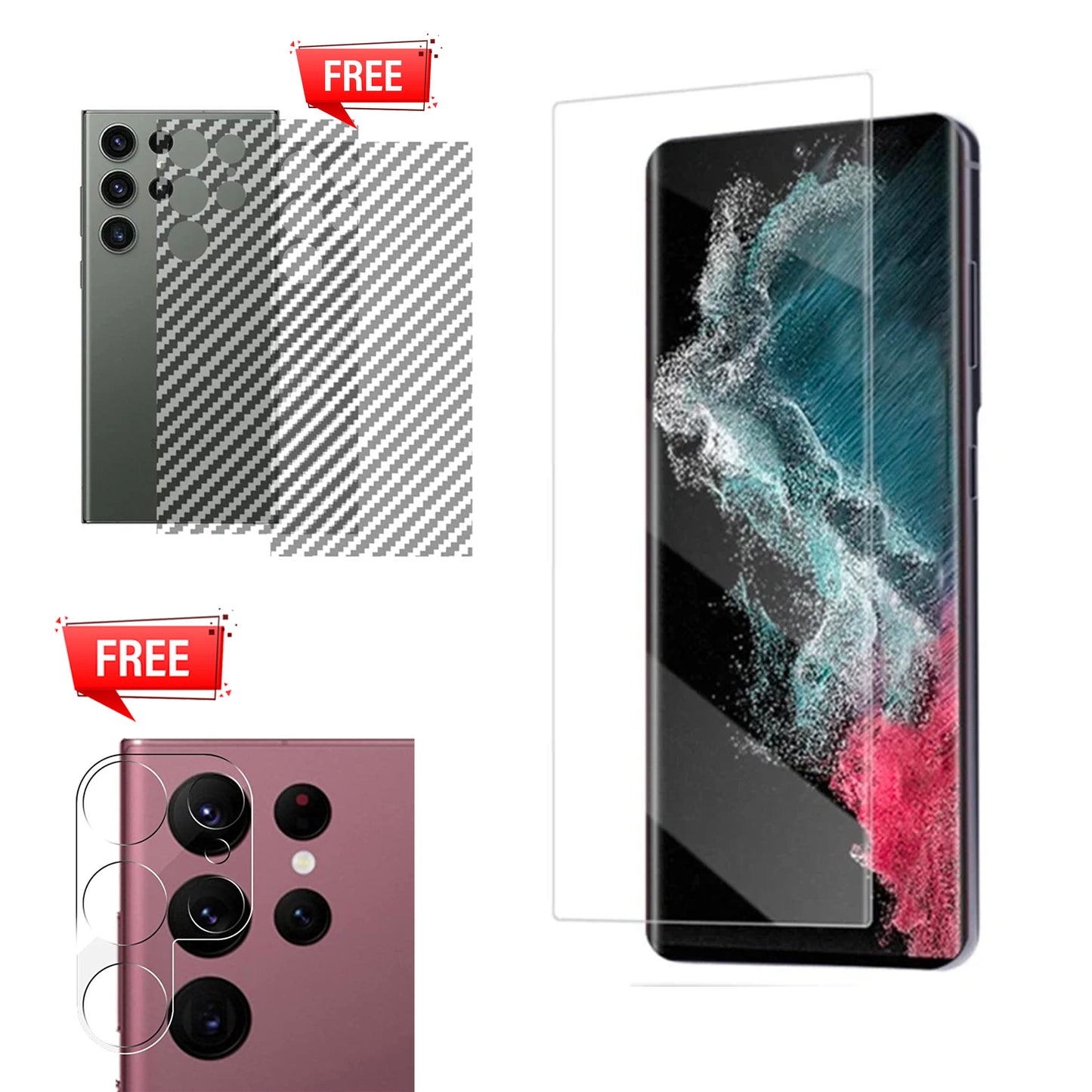 Pack of UV Glue Full Screen Protector Tempered Glass + Carbon Back Sticker and Camera Lens Protection for Samsung S23 Ultra