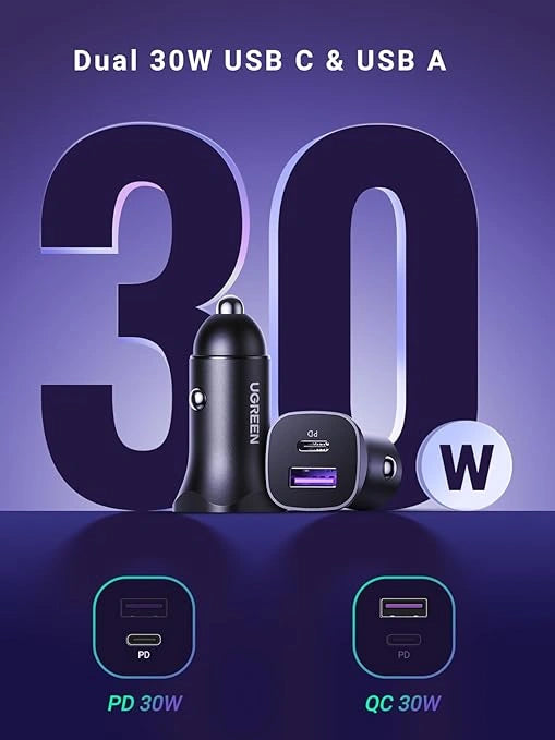 UGREEN 30W USB-C + USB Dual Port Car Charger - Black – Model CD130 – Compact In-Car Fast Charging Power Adapter for Smartphones, Tablets and USB Devices