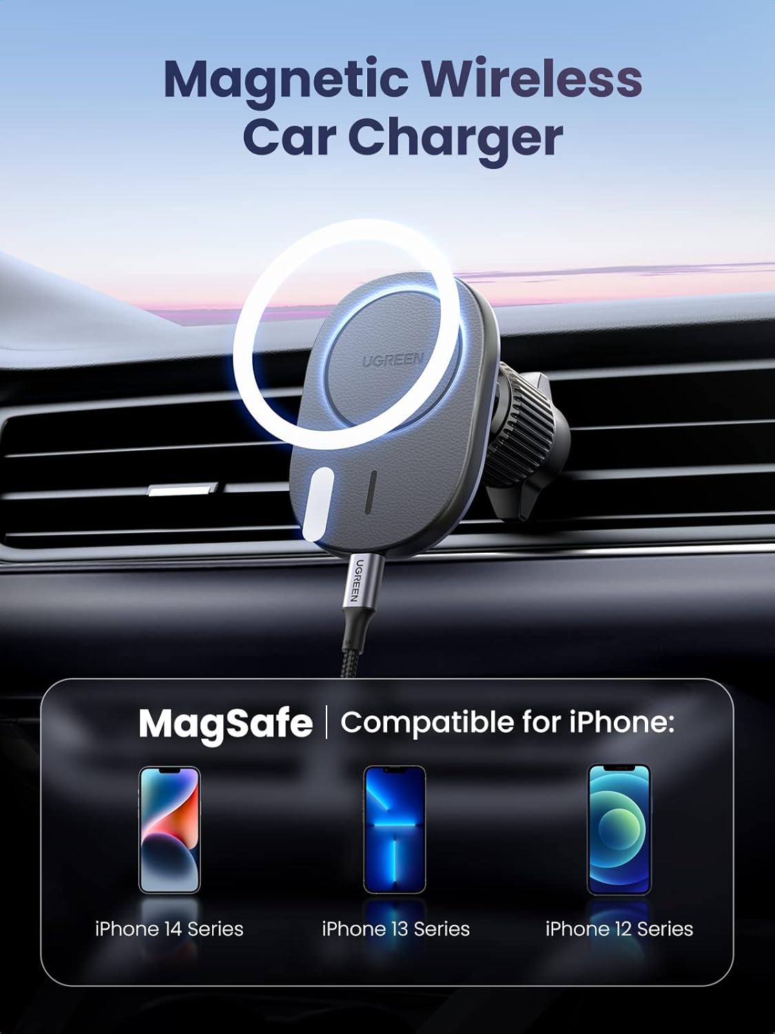UGREEN Magnetic Car Holder with Wireless Charger A / C & Dashboard - Black – Model CD345 – Fast Magnetic Charging Pad or Station for Compatible iPhone, AirPods and Qi-Enabled Devices