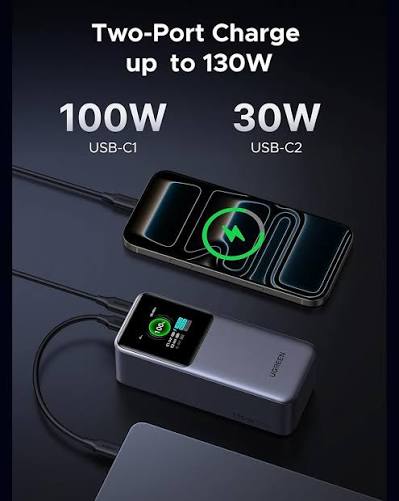 UGREEN Nexode 20000mAh 130W Smart Display Power Bank – Model PB721 – Portable Fast Charging Battery Pack for Smartphones, Tablets, Laptops and USB-Powered Devices