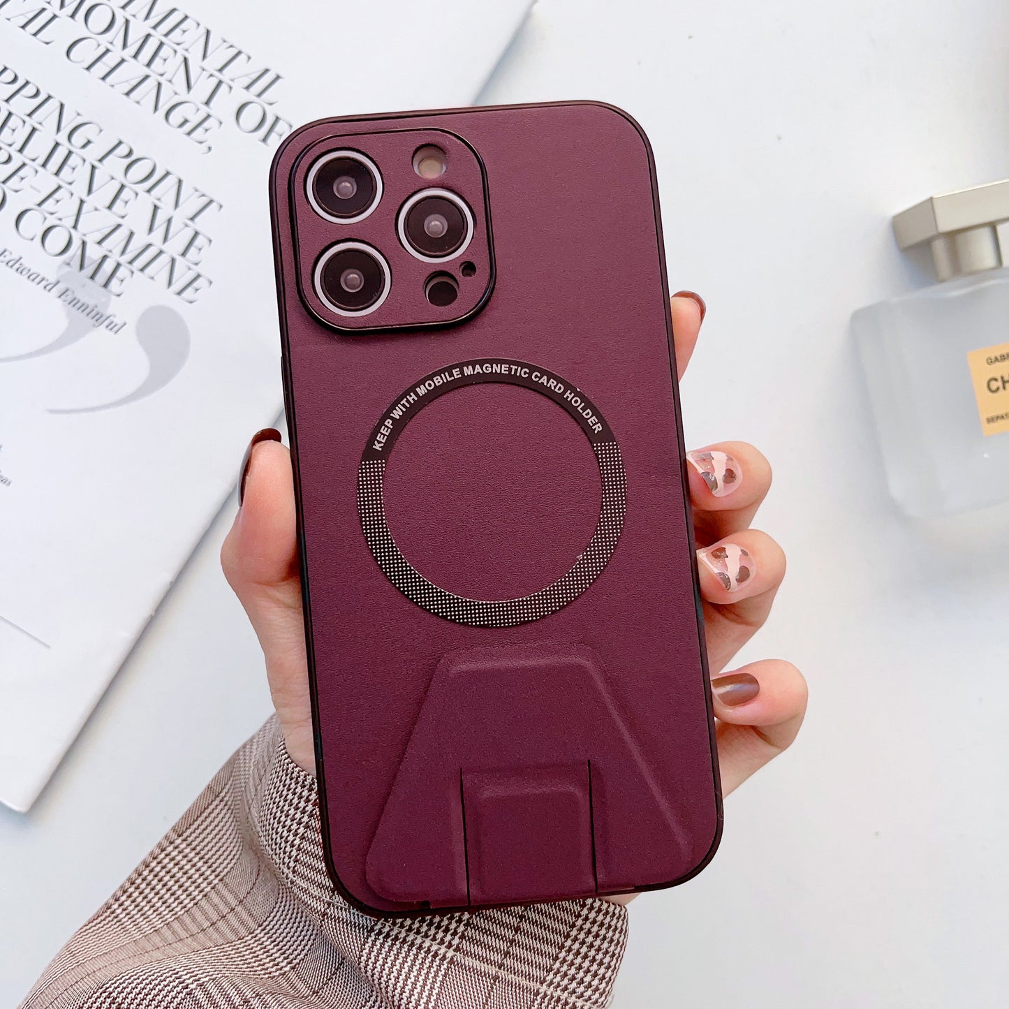 iPhone 14 Pro Magsafe Wireless Charging Mobile Phone Leather Case Buckle Ring Stand Back Cover