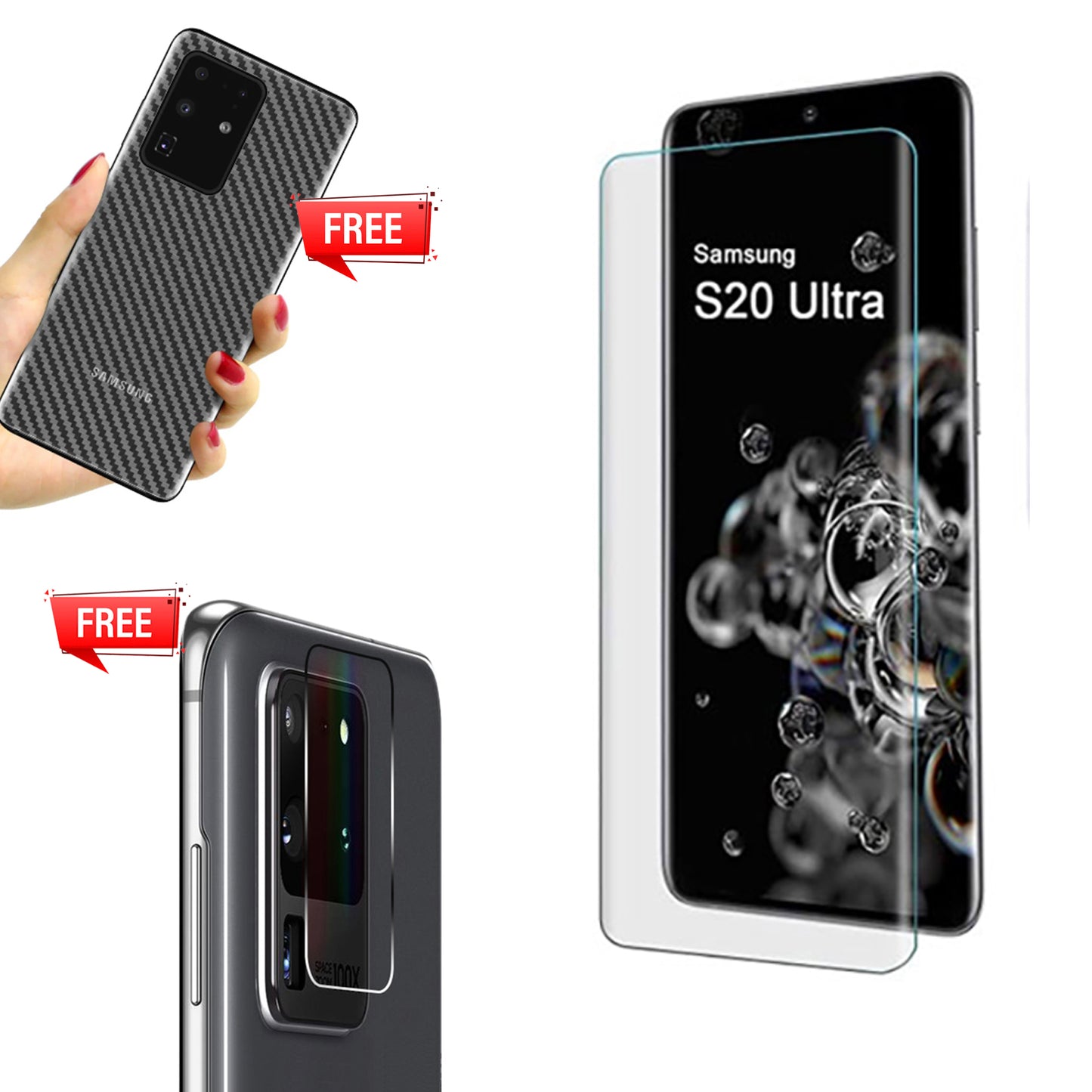 Pack of UV Glue Full Screen Protector Tempered Glass + Carbon Back Sticker and Camera Lens Protection for Samsung S20 Ultra