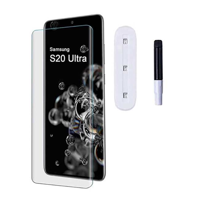 Pack of UV Glue Full Screen Protector Tempered Glass + Carbon Back Sticker and Camera Lens Protection for Samsung S20 Ultra