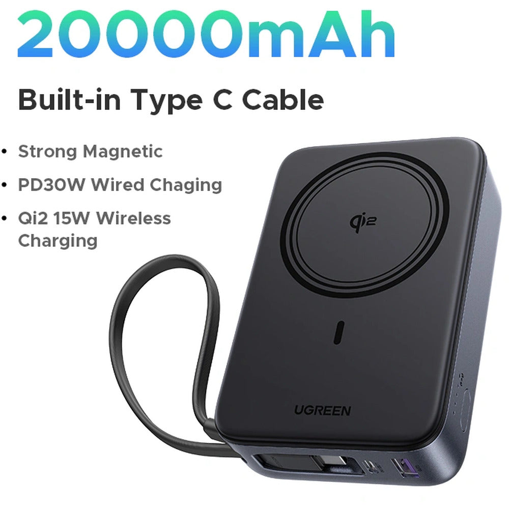 UGREEN 20000mAh 30W Qi2 Magnetic Wireless Power Bank with Built-int USB-C Cable – Model PB567 – Portable Fast Charging Battery Pack for Smartphones, Tablets, Laptops and USB-Powered Devices