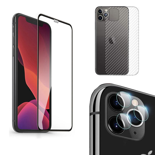 Combo Pack of Tempered Glass Screen Protector, Carbon Fiber Back Sticker, Camera lens Clear Glass Bundel for apple iPhone 11 Pro Max