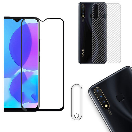 Combo Pack of Tempered Glass Screen Protector, Carbon Fiber Back Sticker, Camera lens Clear Glass Bundel for Vivo Y19