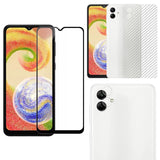 Combo Pack of Tempered Glass Screen Protector, Carbon Fiber Back Sticker, Camera lens Clear Glass Bundel for Samsung A04