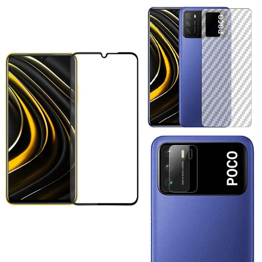 Combo Pack of Tempered Glass Screen Protector, Carbon Fiber Back Sticker, Camera lens Clear Glass Bundel for Mi POCO M3