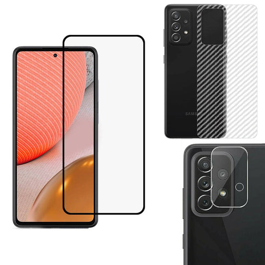 Combo Pack of Tempered Glass Screen Protector, Carbon Fiber Back Sticker, Camera lens Clear Glass Bundel for Samsung A72 4G