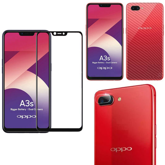 Combo Pack of Tempered Glass Screen Protector, Carbon Fiber Back Sticker, Camera lens Clear Glass Bundel for OPPO A3s