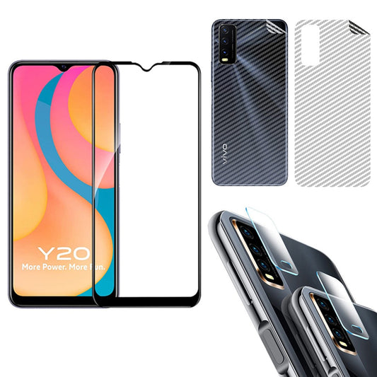 Combo Pack of Tempered Glass Screen Protector, Carbon Fiber Back Sticker, Camera lens Clear Glass Bundel for Vivo Y20