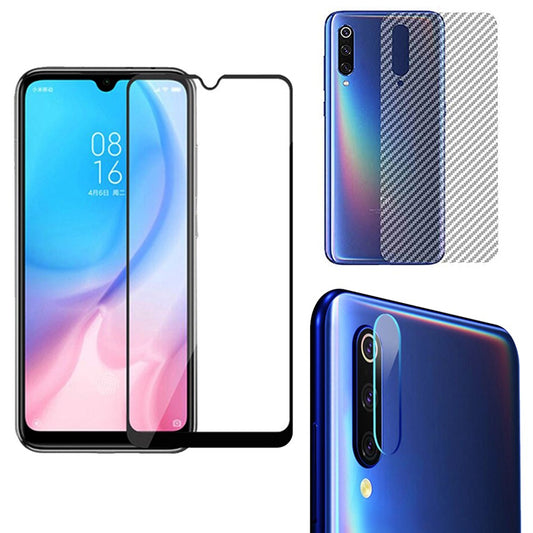 Combo Pack of Tempered Glass Screen Protector, Carbon Fiber Back Sticker, Camera lens Clear Glass Bundel for Mi A3