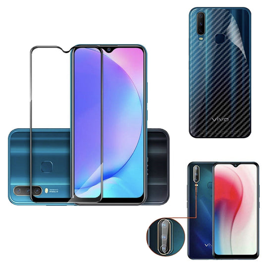 Combo Pack of Tempered Glass Screen Protector, Carbon Fiber Back Sticker, Camera lens Clear Glass Bundel for Vivo Y12