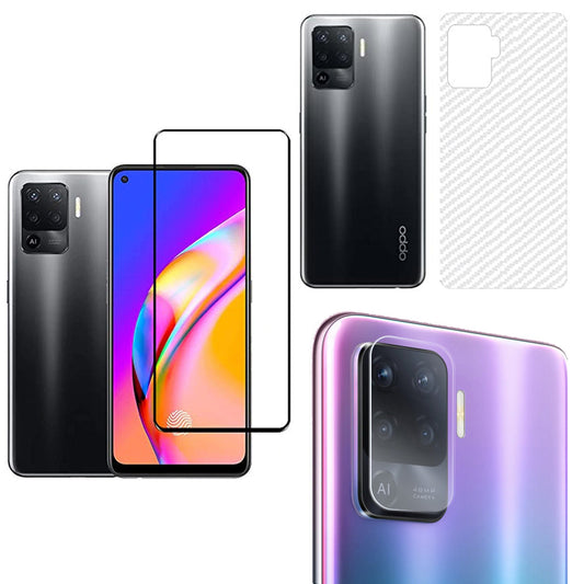 Combo Pack of Tempered Glass Screen Protector, Carbon Fiber Back Sticker, Camera lens Clear Glass Bundel for OPPO F19 Pro
