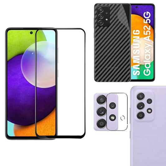Combo Pack of Tempered Glass Screen Protector, Carbon Fiber Back Sticker, Camera lens Clear Glass Bundle for Samsung A52 5G