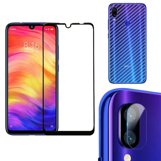 Combo Pack of Tempered Glass Screen Protector, Carbon Fiber Back Sticker, Camera lens Clear Glass Bundel for Redmi Note 7