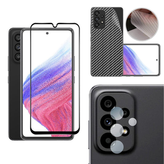Combo Pack of Tempered Glass Screen Protector, Carbon Fiber Back Sticker, Camera lens Clear Glass Bundel for Samsung Galaxy A73