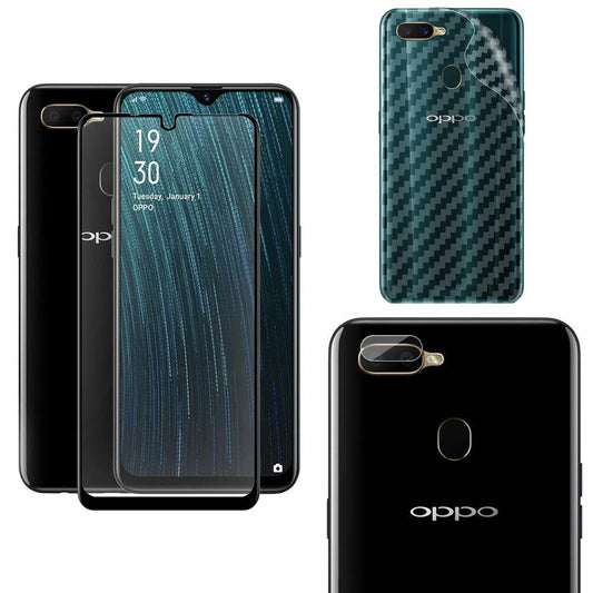 Combo Pack of Tempered Glass Screen Protector, Carbon Fiber Back Sticker, Camera lens Clear Glass Bundel for OPPO A5s