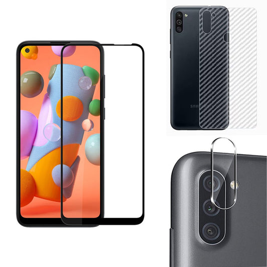 Combo Pack of Tempered Glass Screen Protector, Carbon Fiber Back Sticker, Camera lens Clear Glass Bundel for Samsung Galaxy A11