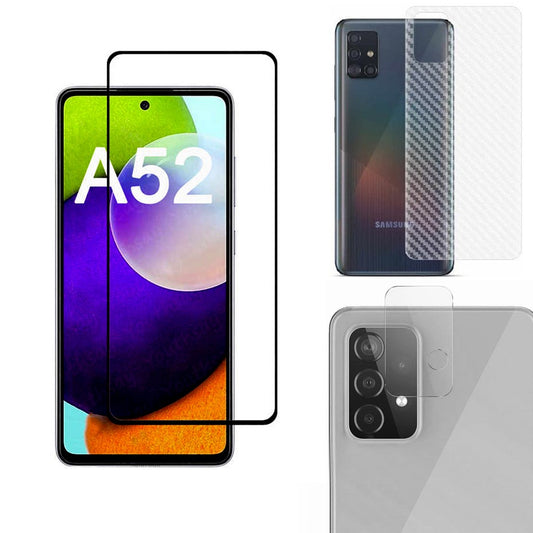 Combo Pack of Tempered Glass Screen Protector, Carbon Fiber Back Sticker, Camera lens Clear Glass Bundel for Samsung A52 4G
