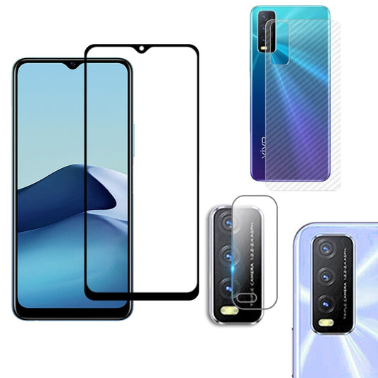 Combo Pack of Tempered Glass Screen Protector, Carbon Fiber Back Sticker, Camera lens Clear Glass Bundel for Vivo Y20s
