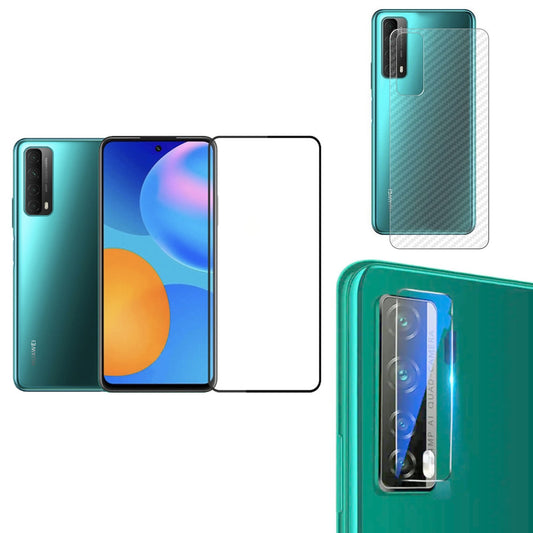 Combo Pack of Tempered Glass Screen Protector, Carbon Fiber Back Sticker, Camera lens Clear Glass Bundel for Huawei Y7A