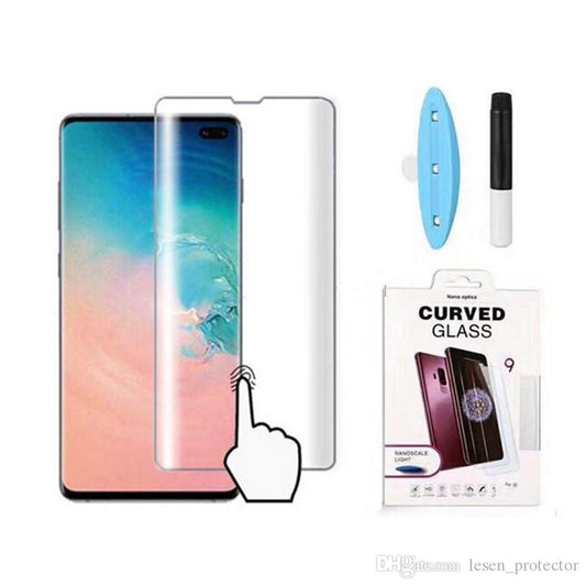 Pack of UV Glue Full Screen Protector Tempered Glass + Carbon Back Sticker and Camera Lens Protection for Samsung S10 Plus