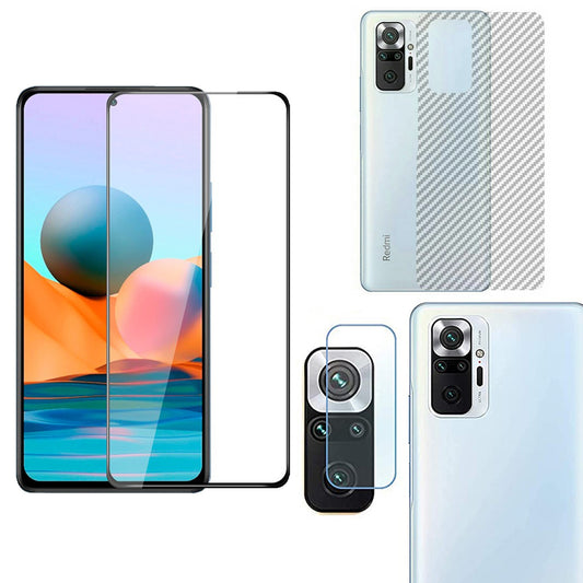 Combo Pack of Tempered Glass Screen Protector, Carbon Fiber Back Sticker, Camera lens Clear Glass Bundel for Redmi note 10s