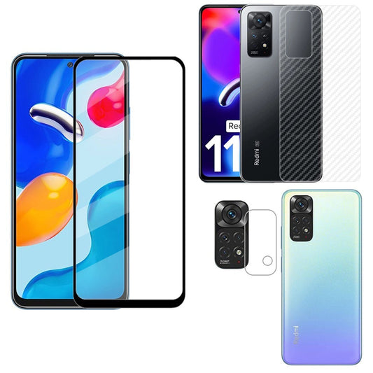 Combo Pack of Tempered Glass Screen Protector, Carbon Fiber Back Sticker, Camera lens Clear Glass Bundel for Redmi Note 11