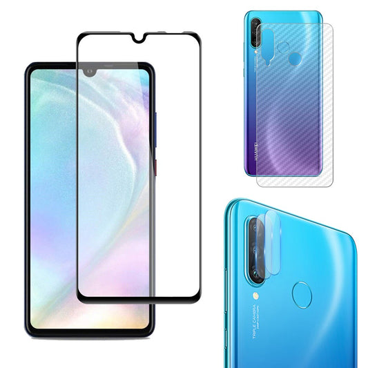 Combo Pack of Tempered Glass Screen Protector, Carbon Fiber Back Sticker, Camera lens Clear Glass Bundel for Huawei P30 lite
