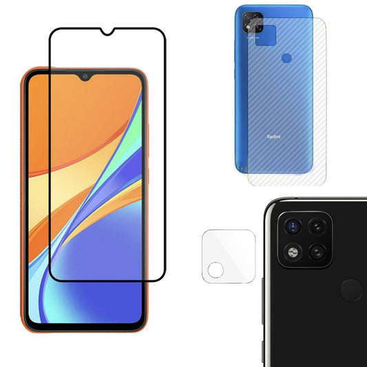 Combo Pack of Tempered Glass Screen Protector, Carbon Fiber Back Sticker, Camera lens Clear Glass Bundel for Redmi 9C