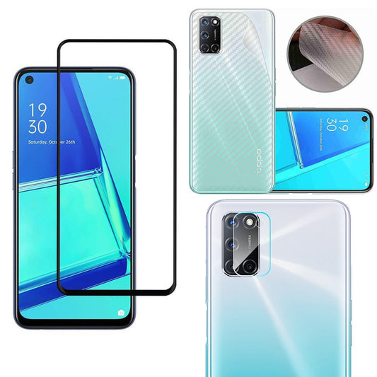 Combo Pack of Tempered Glass Screen Protector, Carbon Fiber Back Sticker, Camera lens Clear Glass Bundel for OPPO A52