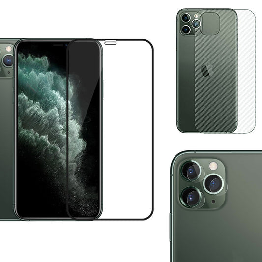 Combo Pack of Tempered Glass Screen Protector, Carbon Fiber Back Sticker, Camera lens Clear Glass Bundel for apple iPhone 11 Pro