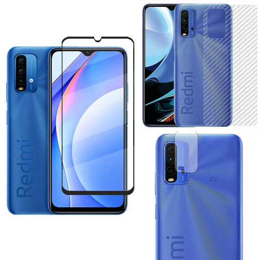 Combo Pack of Tempered Glass Screen Protector, Carbon Fiber Back Sticker, Camera lens Clear Glass Bundel for Redmi 9T