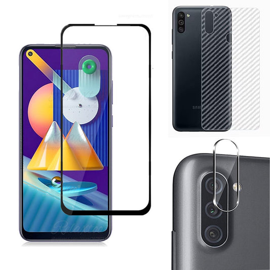 Combo Pack of Tempered Glass Screen Protector, Carbon Fiber Back Sticker, Camera lens Clear Glass Bundel for Samsung Galaxy M11